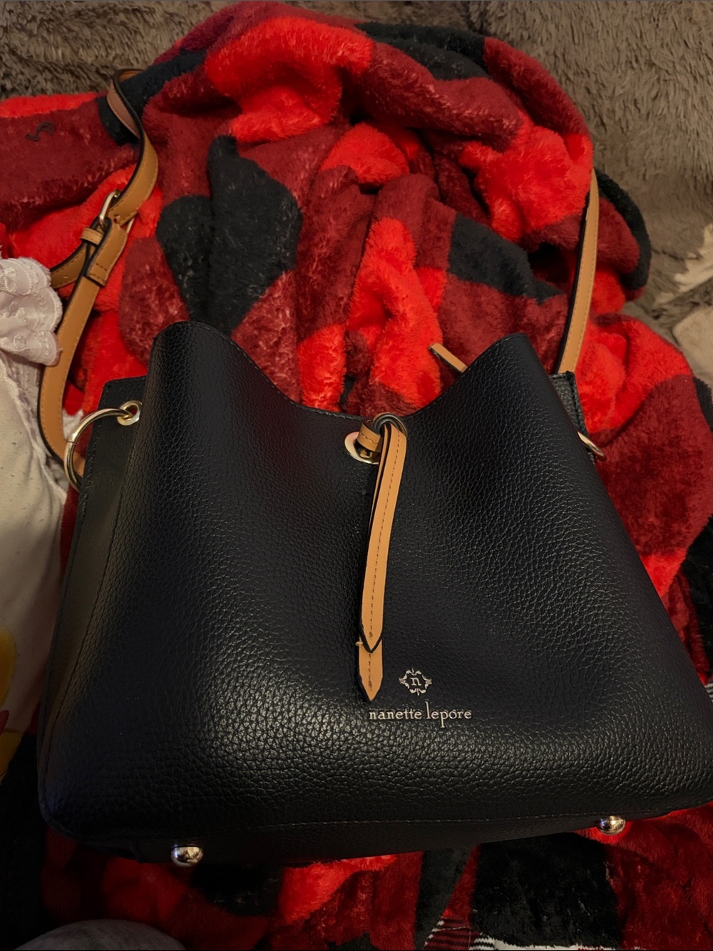 Nanette Lepore Black Leather Drawstring Shoulder Bag with Tan Trim